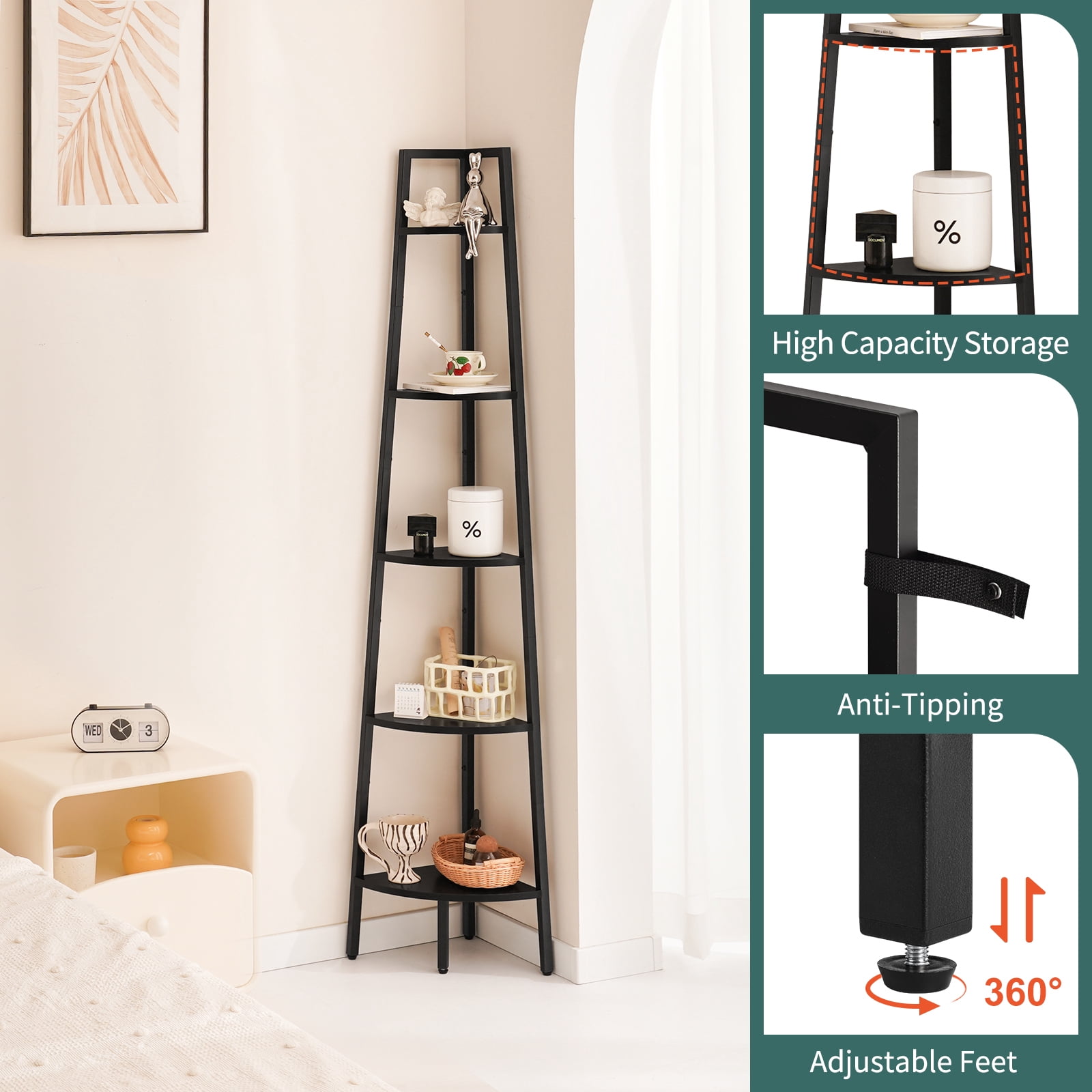 Yoobure 5-Tier Corner Bookshelf with Metal Frame