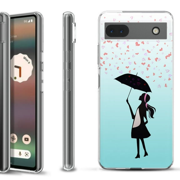 Slim-Fit Gel TPU Phone Case for Google Pixel 6a, by OneToughShield ® - Rain/Hearts