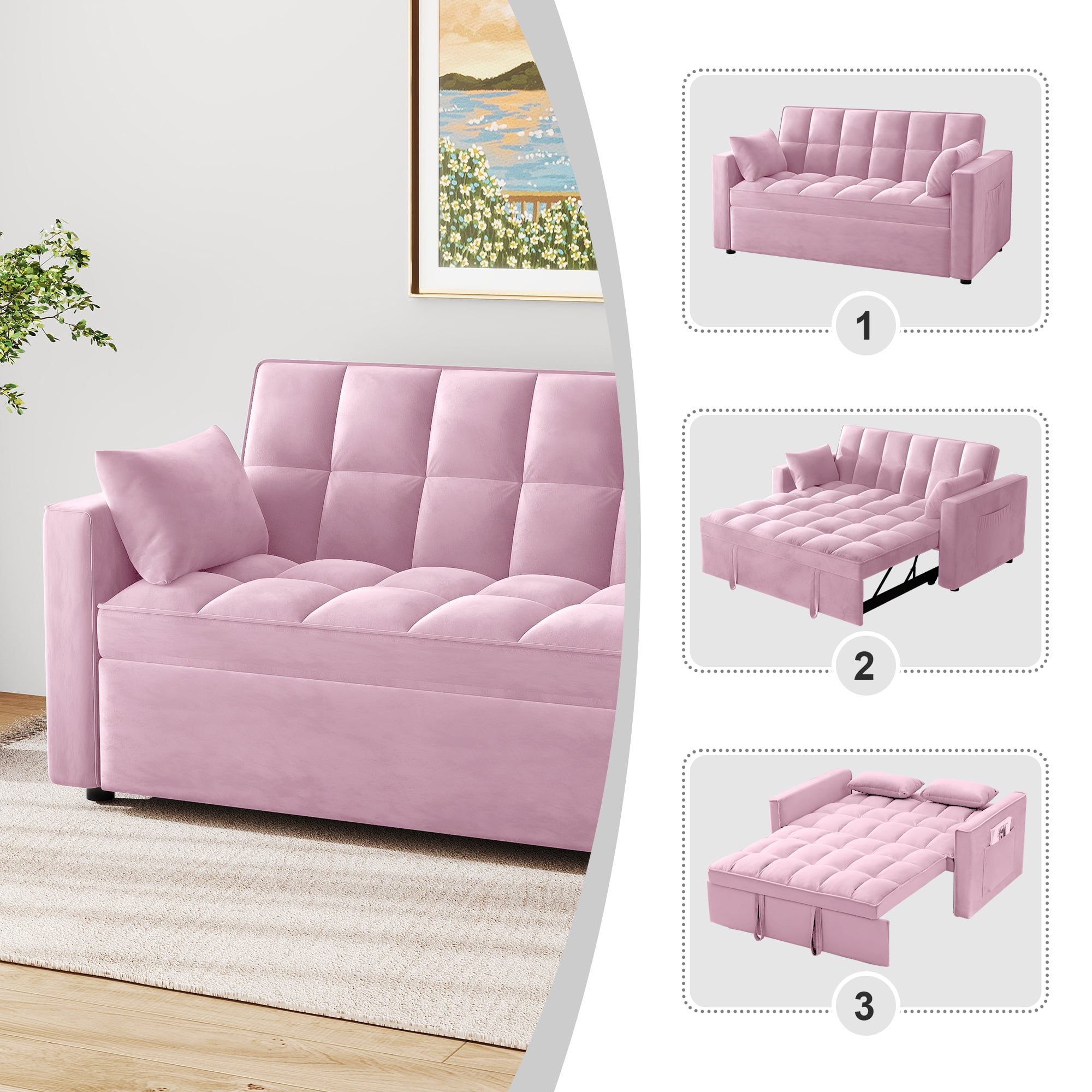 AENKYO Convertible Pull-Out Loveseat Sleeper Sofa Bed for Living Room, Modern Upholstered Futon in Pink