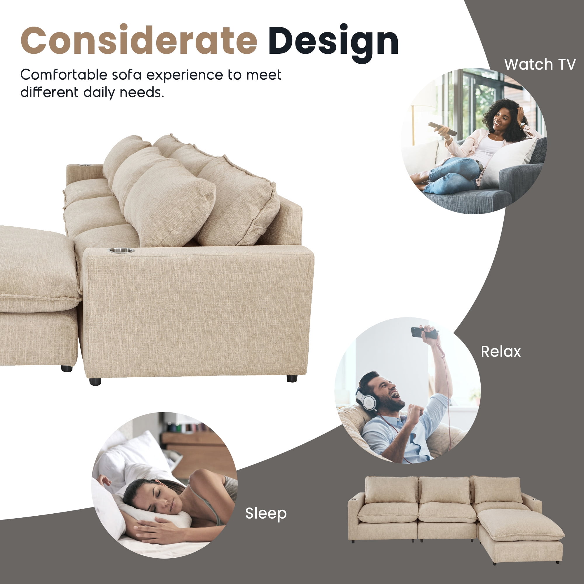 Aukfa 128" Modular Sectional Sofa with Cup Holders, Chenille L Shaped Couch with Convertible Chaise, Beige
