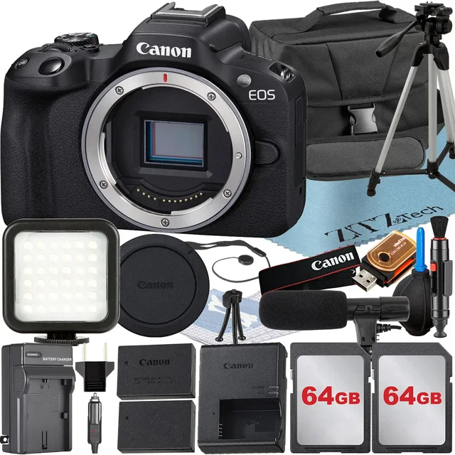 Canon EOS R50 Mirrorless Camera (Body) with 2 Pack 64GB Memory Card + Case + ZeeTech Accessory Bundle