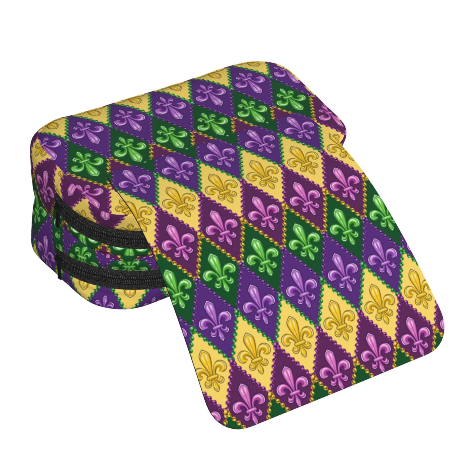 Rateoe Mardi Gras4 Pattern Double Clamshell Pen Case, Storage Organizer with Two Zipper Compartments– Holds Up to 50 Pencils & Pens