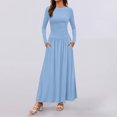 thumbnail image 3 of Oplxuo Women's Fitted Long Sleeve Maxi Dress, 2024 Fall Crewneck Pleated Swing A-Line Lounge Slip Dresses wth Pockets, 3 of 7