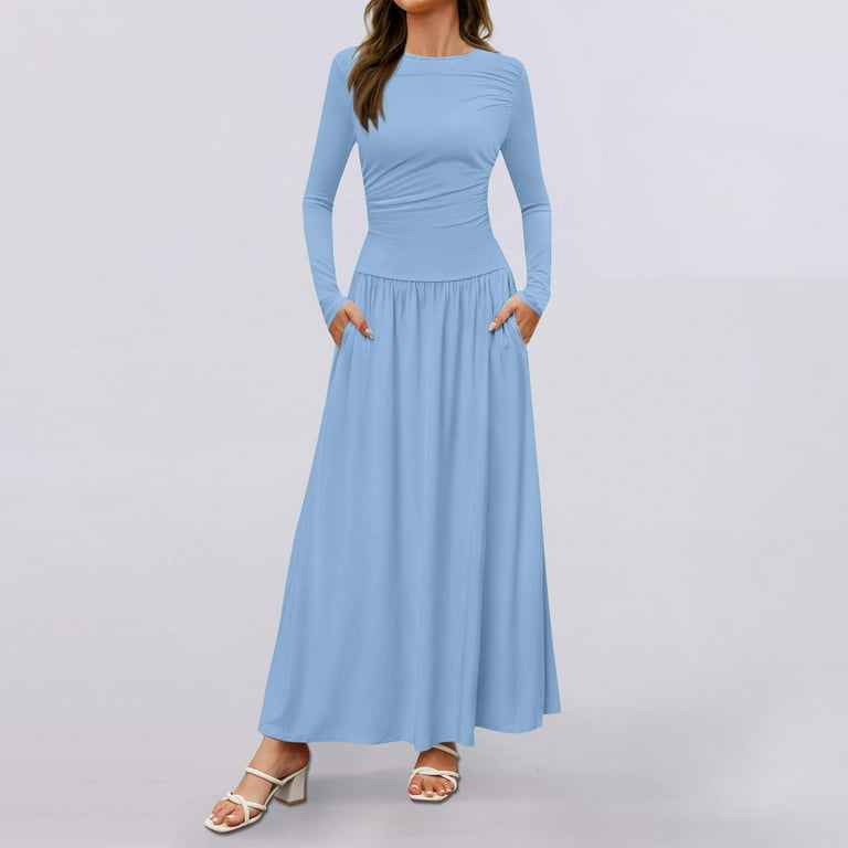 Oplxuo Women's Fitted Long Sleeve Maxi Dress, 2024 Fall Crewneck Pleated Swing A-Line Lounge Slip Dresses wth Pockets - Walmart.com Oplxuo Women's Fitted Long Sleeve Maxi Dress, 2024 Fall Crewneck Pleated Swing A-Line Lounge Slip Dresses wth Pockets - Walmart.com