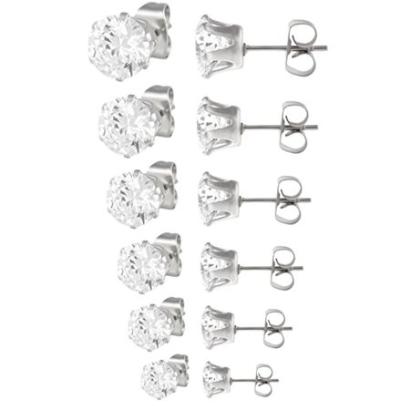 Set of 6 Pairs: 316L Stainless Steel Cubic Zirconia Simulated Diamond Round Stud
