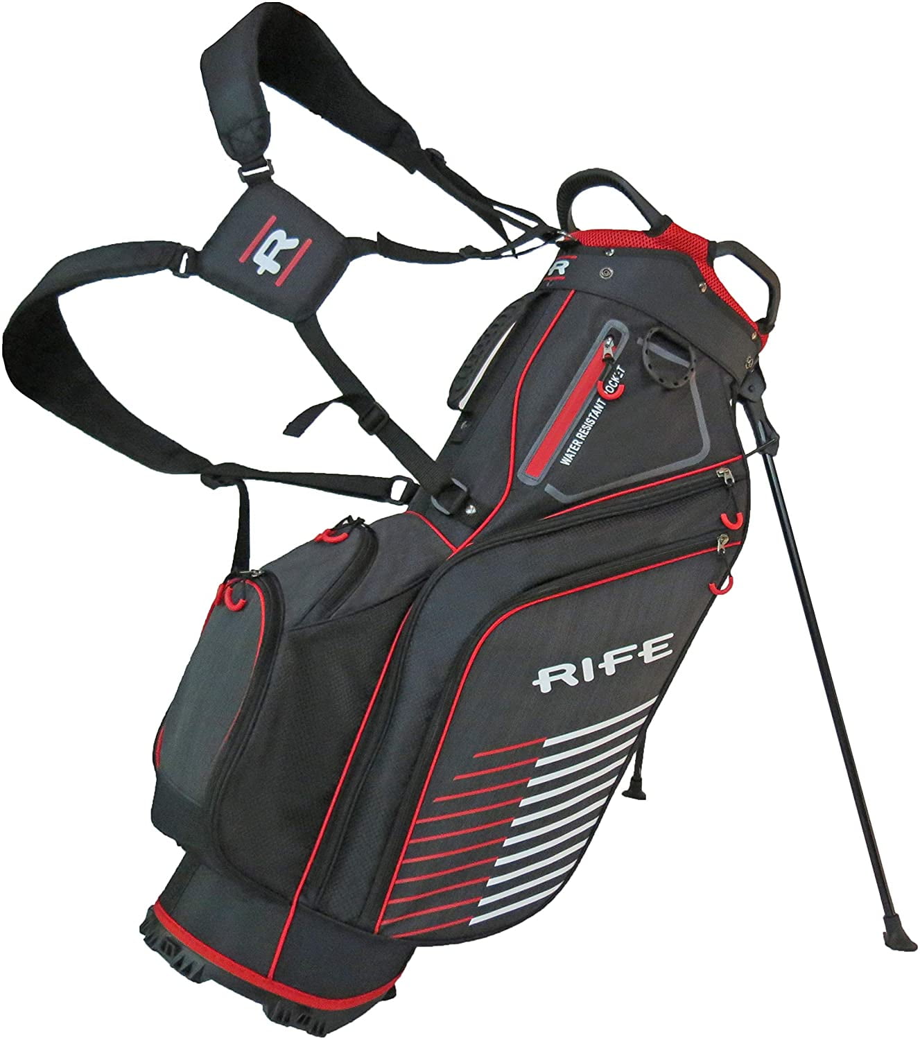 Rife Golf Black Red Gray Stand Bag Light Weight Dobby Nylon with 9 inch, 7-Way Friendly Separator Top, Front Position Putter Compartment