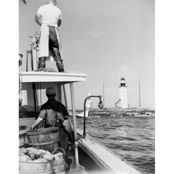 Posterazzi SAL255424625 USA Maine Baileys Island Commercial Lobster Fishing Boat Passing Island Lighthouse Poster Print - 18 x 24 in.