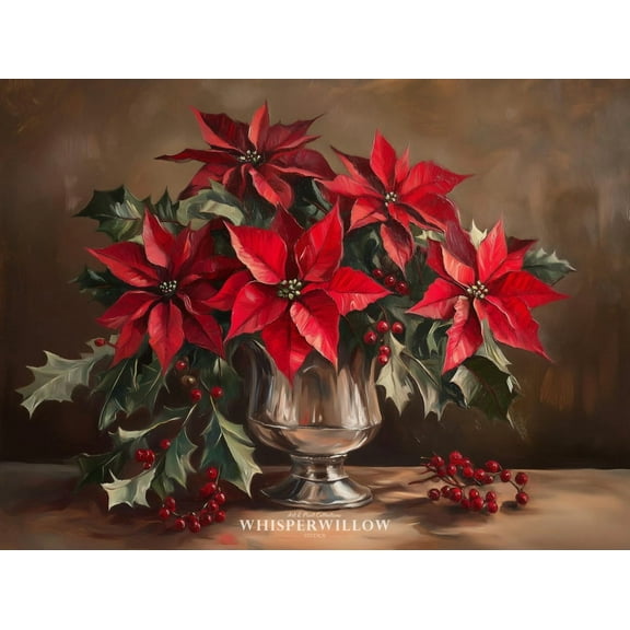 Velto Holiday Poinsettia Floral Still Life, Holiday Spirit Home Decor, Winter Red Flower Wall Art Canvas, 8x10 0.75-Inch Pine Wood Frame