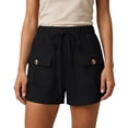thumbnail image 3 of Rggeeun Women'S Shorts Solid Color Elastic High Waist Cargo Soft Mid-Rise Loose Fit Straight Leg With Side Plus Pockets & Adjustable Tie For Summer Work Leisure Hot Pants,Black,L, 3 of 6
