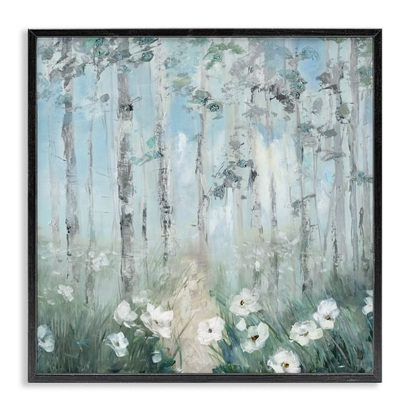Stupell Industries Contemporary White Flowers Blooming Forest Birch Trees Scenery Black Framed Giclee Art, 17 x 17, by Sally Swatland