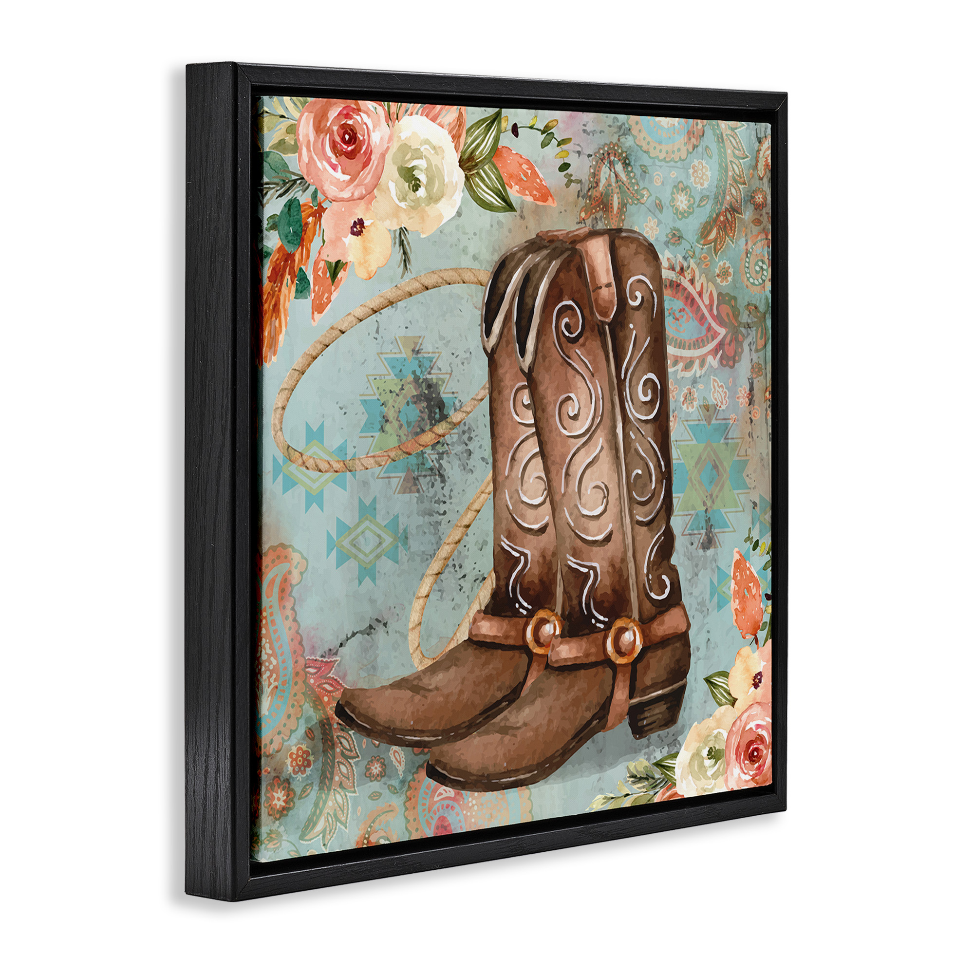 Stupell Industries Cowboy Boots Western Paisley Florals Botanical & Floral Painting Black Floater Framed Canvas Art Print Wall Art, 25 x 25