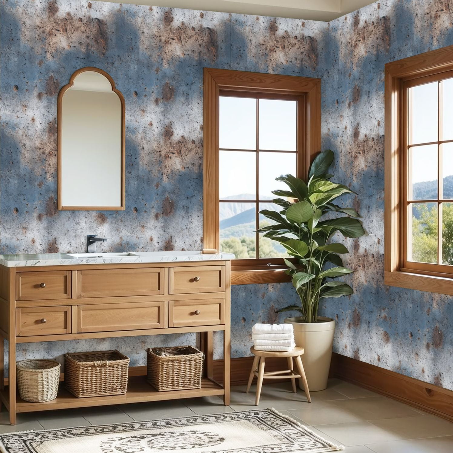 Modern Industrial Weathered Concrete Wall Texture Peeling Blue Paint Rust Wall Mural 23.6in x 9.8ft Self Adhesive Removable Wall Paper Renter Friendly Wallpaper for Bedroom Cabinets