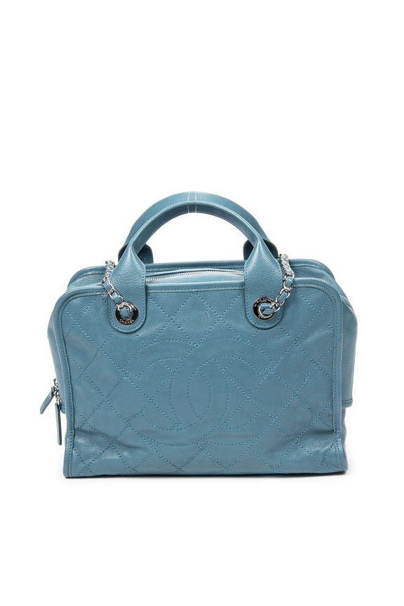 Pre-Owned Chanel Teal Deauville Bowling Shoulder Bag Quilted Caviar Leather