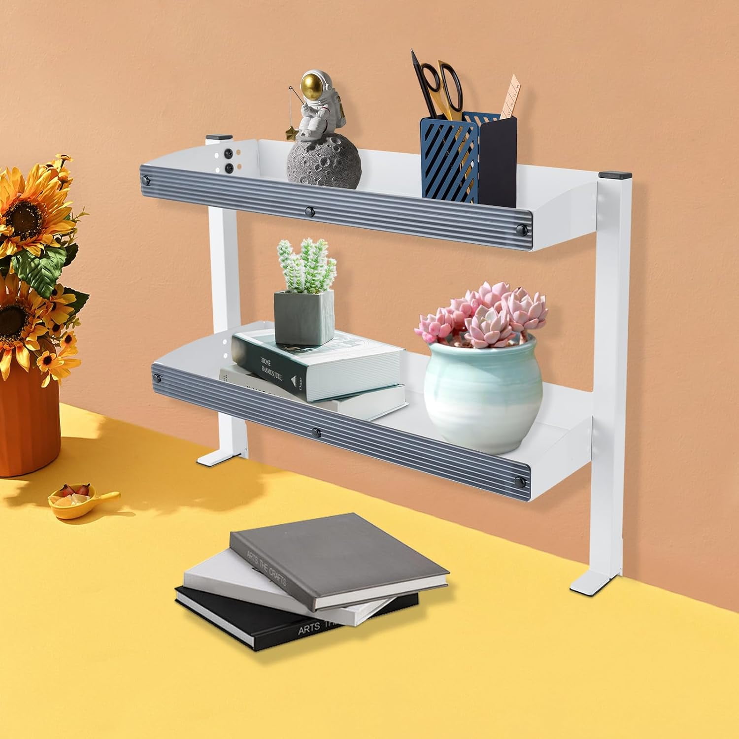 Clamp-on Desk Shelf, 2-Tier Carbon Steel Plastic Panel Clip-on Desk Organizer, Office Modern Countertop Shelf, Bedroom Living Room Thickness 1.7in Clamp-on Desk Shelf (White) MK3131-A1