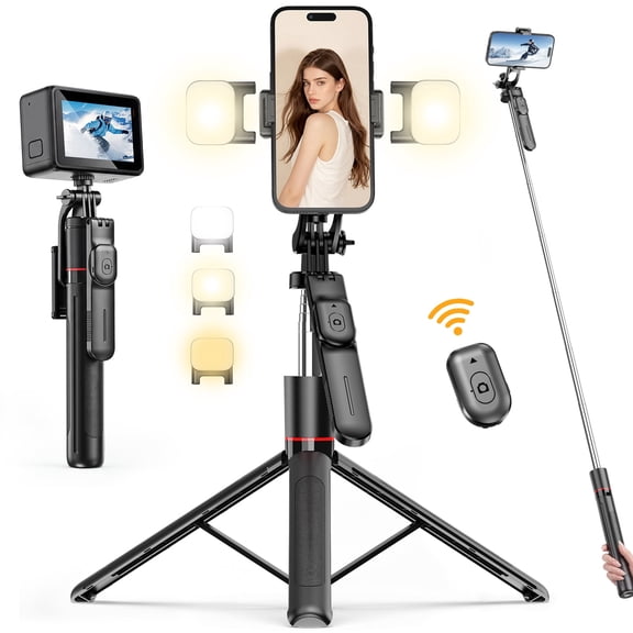 Arenviy 67'' Extendable Selfie Stick - Portable Selfie Stick Tripod with Bluetooth Remote Control & 2 Fill Light - 360°Rotation Phone Tripod for Android, iOS