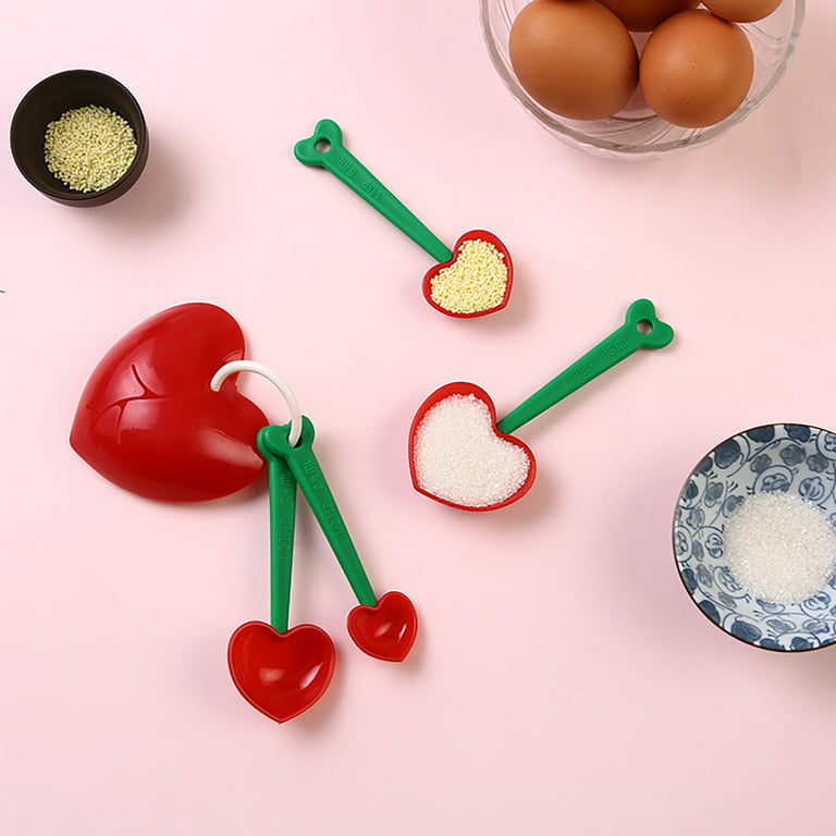 RUITASA Cherry Measuring Spoons, 2PCS Plastic Cute Measuring Teaspoon,  Heart Shape Plastic Measuring Spoons Set for Liquid, Dry Measuring,  Cooking