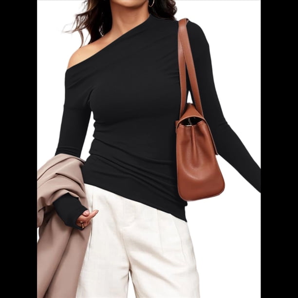 Blusas de Mujer con Hombros Descubiertos, Elegantes, de Larga, Asimétricas, Ajustadas, para Salir, de Otoño, con Frunces. Negro M