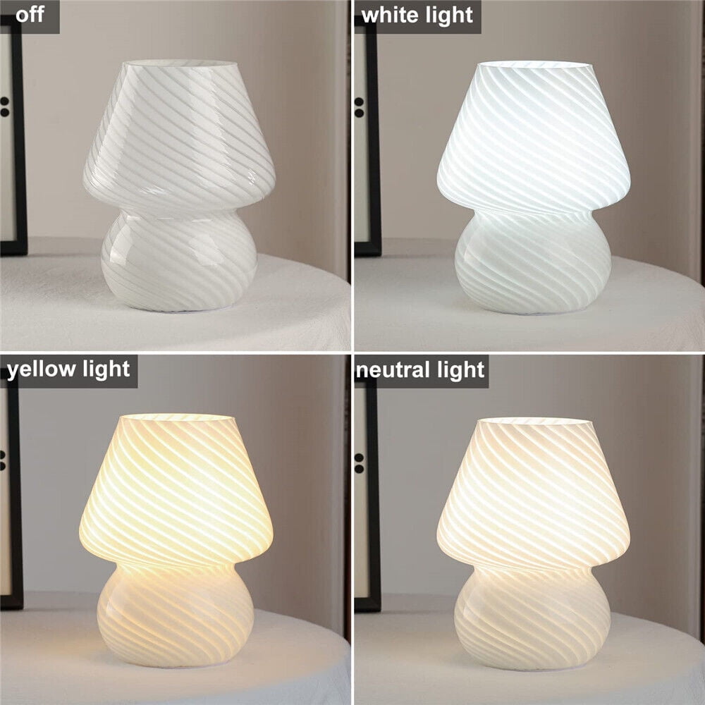 Glass Mushroom Bedside Table Lamp, White Translucent Murano Vintage Style Striped Small Nightstand Desklamp Swirl Light for Home Decor, Dining, Living, Bedroom, Gift