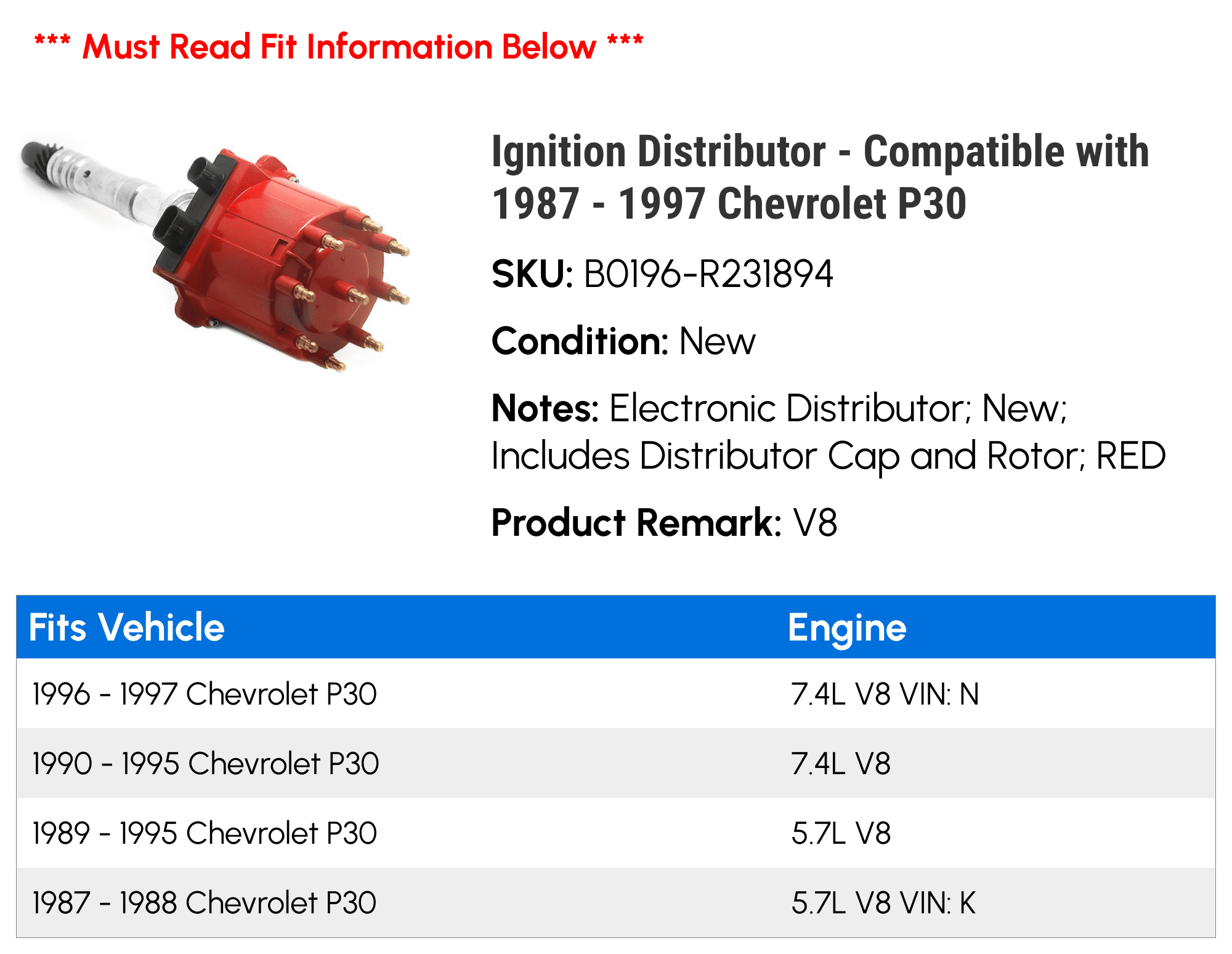Ignition Distributor - Compatible with 1987 - 1997 Chevy P30 1988 1989 1990 1991 1992 1993 1994 1995 1996