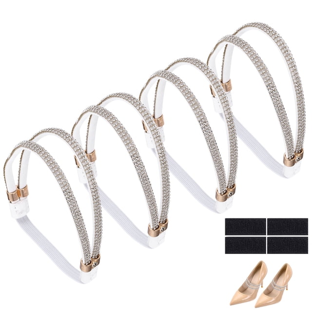 Uxcell 4 Pairs High Heels Shoe Straps, Rhinestone Elastic Shoe Straps Heels Detachable Ankle Straps Replacement Shoelace Crystal for Women Loose Slippers Sandals, Blanco+Plata
