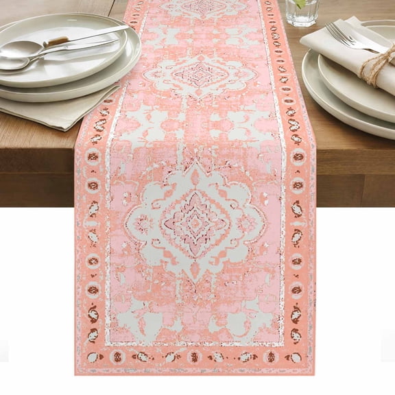 Pink Boho Table Runner - 120 Inch Long, Kitchen Dining Table Runner Dresser Scarves, Vintage Abstract Tribal Decorative Oriental Farmhouse Decor for Coffee Tables Wedding Party Banquet