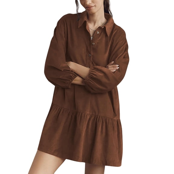 Women's Fashion Casual Corduroy Shirt Dress Long Sleeve Button Band Pocket Solid Color for Winter Outfits and Casual Style,Coffee,L