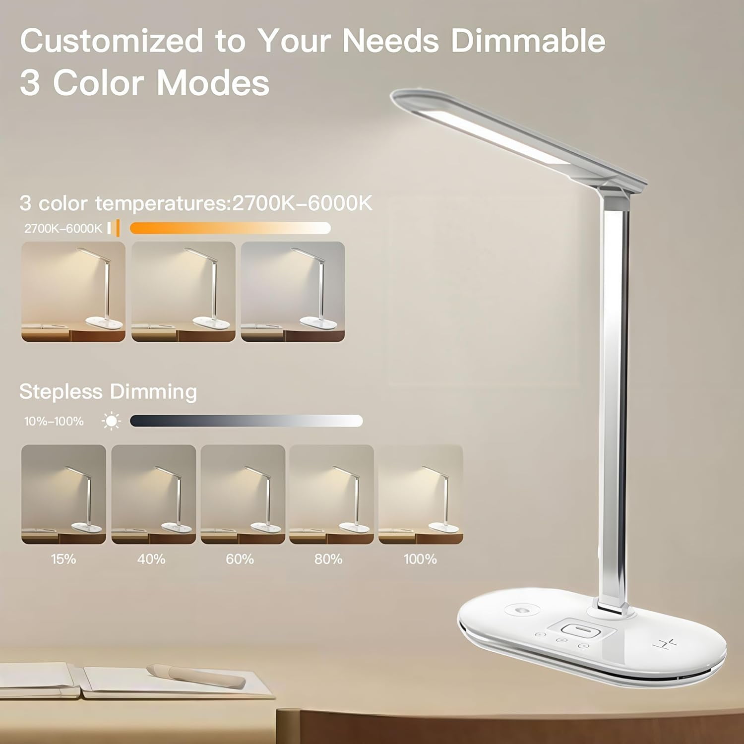LED Desk Lamp 3 in 1 Table Lamp for Home Office, Multifunctional Desk Light with Touch Control 3 Lighting Eye-Caring Modes Study Night Light for Bedroom