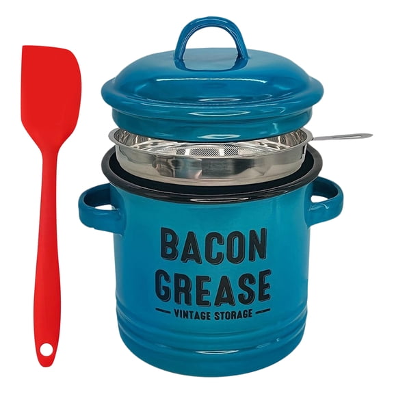 46 Oz Bacon Grease Container, Bacon Grease Saver with Strainer for Kitchen, Ceramic Bacon Grease Jar with Food-Grade Silicone Spatula & Lid, Cooking Up Fat Catcher, Vintage Rustic Farmhouse (Blue)