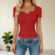 thumbnail image 5 of Mujeres Manga Corta Tops Casual Ruffle Botón V-Cuello Montado Manga Corta Superior Poliéster Ligero Suave Cómodo para la Primavera Verano Uso Diario, 5 of 5