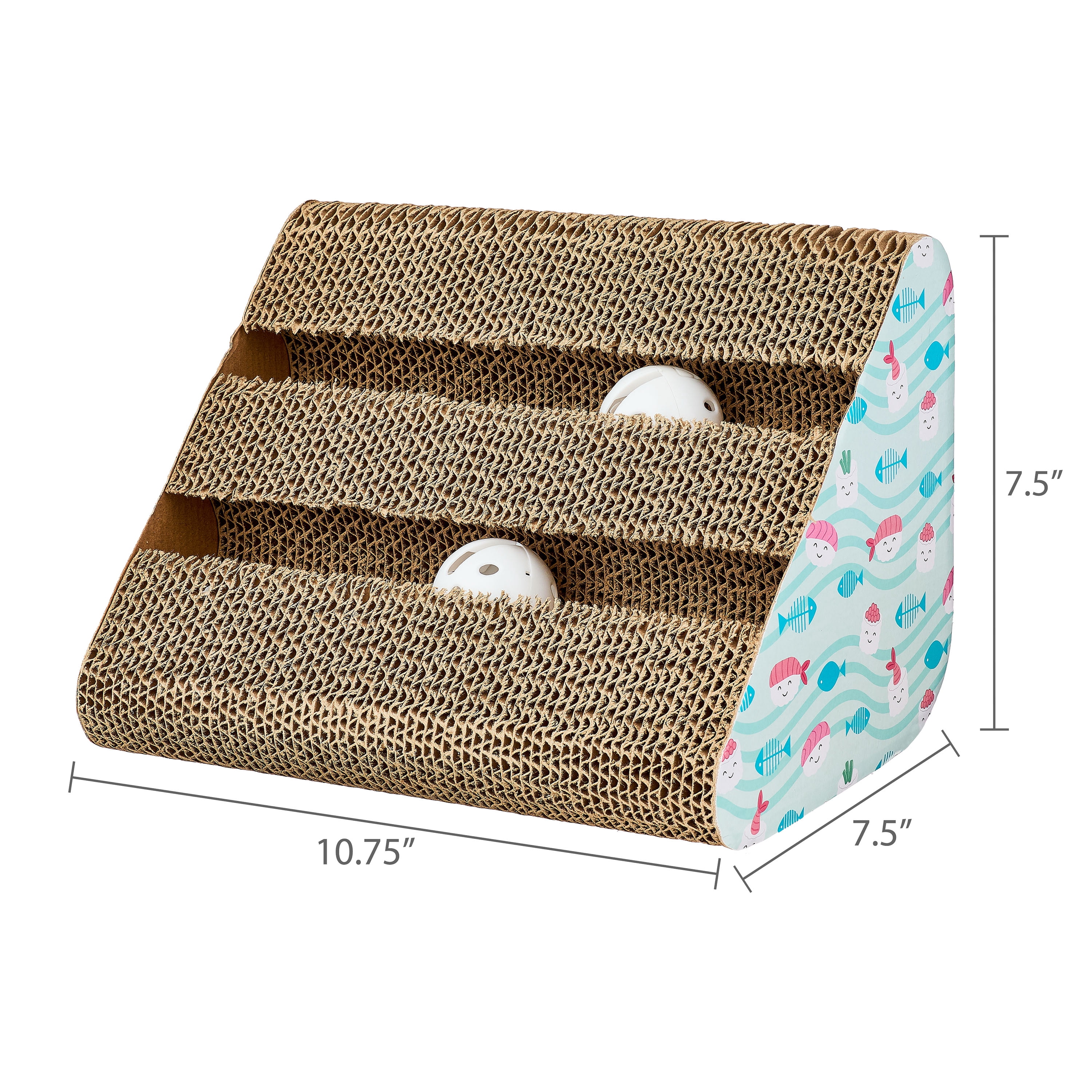 Vibrant Life Cat Scratching Pad, Corrugated Cardboard Activity Center, 3-Sided, Fish & Sushi Print, 7.5" x 10.5" x 7.5"