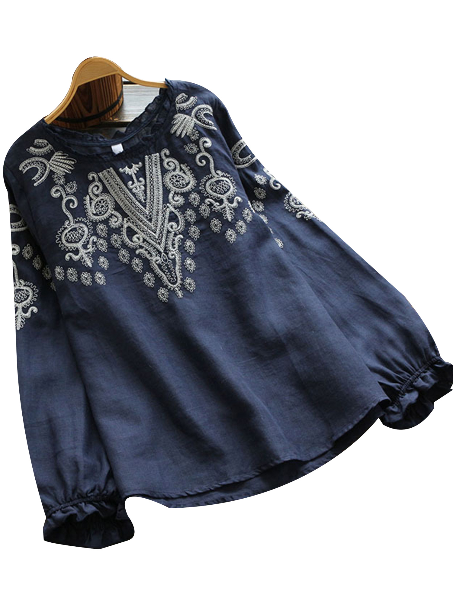 Women's Boho Embroidered Sweatshirt - Long Sleeve Crewneck Tunic Top, Loose Fit Casual Pullover