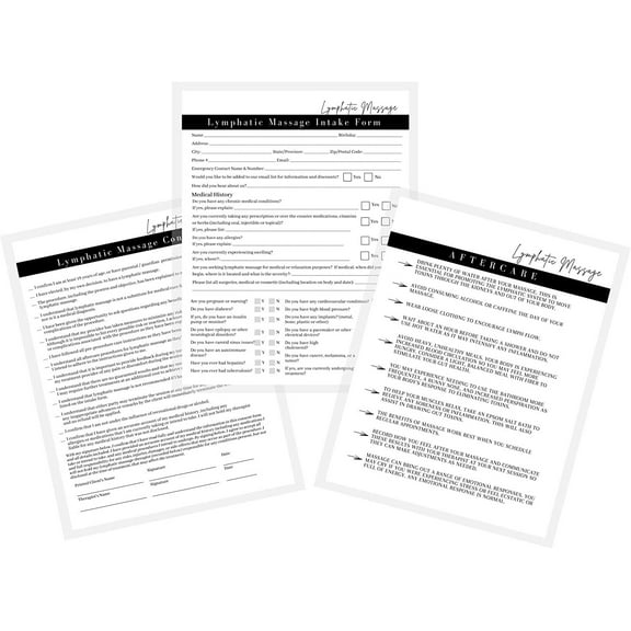 Lymphatic Massage Intake, Consent, and Aftercare Form  75 Pack  8.5 x 11" A1 Forms  Clients Signature  Client Forms Bundle  White and Black Design