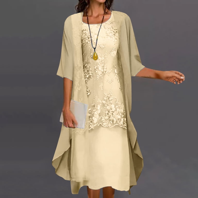 Gaecuw Beach Formal Wedding Guest Dress for Women Crew Neck Half Sleeve Champagne Dresses Calf Length Long Dresses Swing Party Dress Prom Dresses