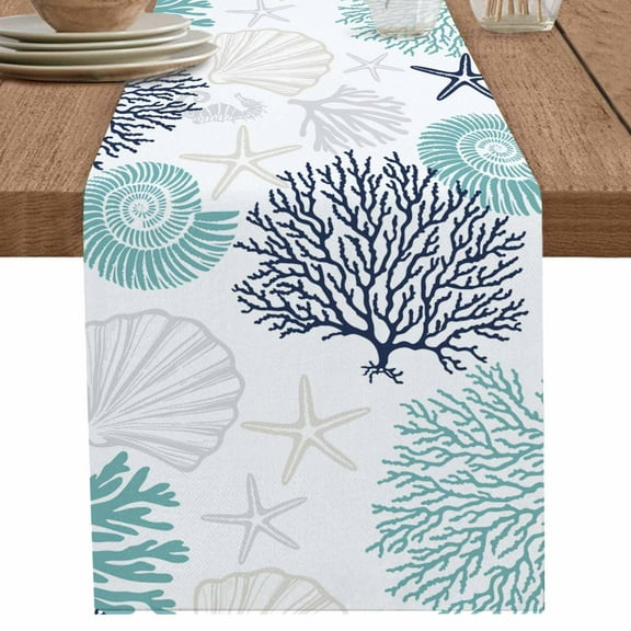 Coastal Table Runner 108 Inches Long for Dining Table Decor,Turquoise Blue Coral Starfish Shell Seahorse Burlap Linen Farmhouse Table Runner Coffee Table Runners Dresser for Kitchen Party Holiday