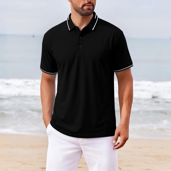 Josdec Men's Solid Color Short Sleeve Polo Shirt, Breathable Striped Trim Collar Casual Business Summer Top M-XXXXL