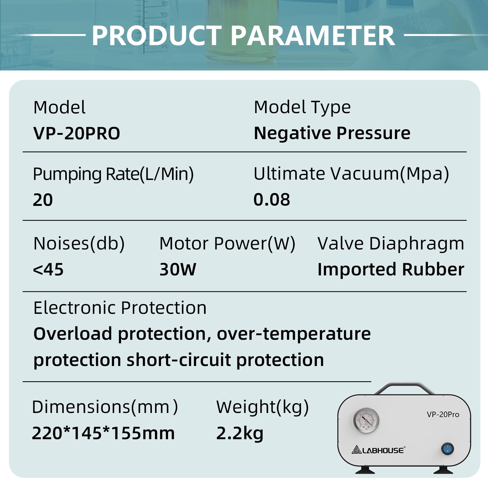 LABHOUSE Lab Vacuum Filtration Pump VP-20PRO, Negative Pressure Adjustable Diaphragm Oil Free Pump 20L/min with Rubber Tube for Laboratory
