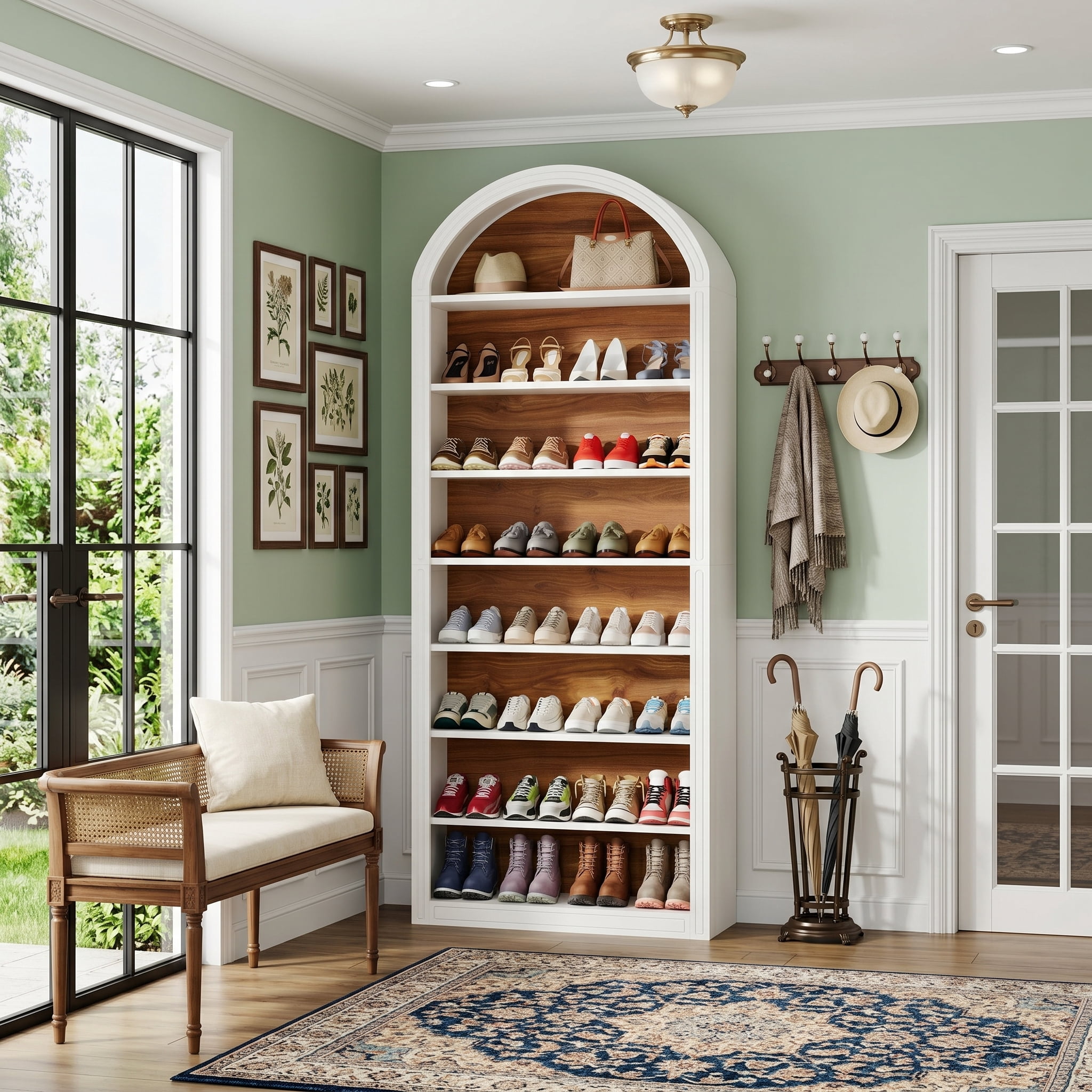 Fnova 79.5" Arched Shoe Storage Cabinet, 8-Tier Wooden Shoe Organizer Rack for 35 Pairs, Adjustable Shelves, White