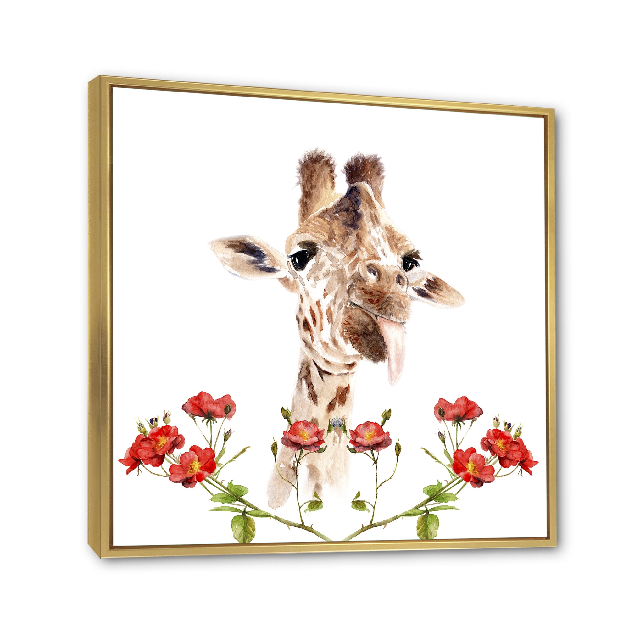 Designart 'Portrait of A Giraffe With Red Flowers I' Farmhouse Framed Canvas Wall Art Print