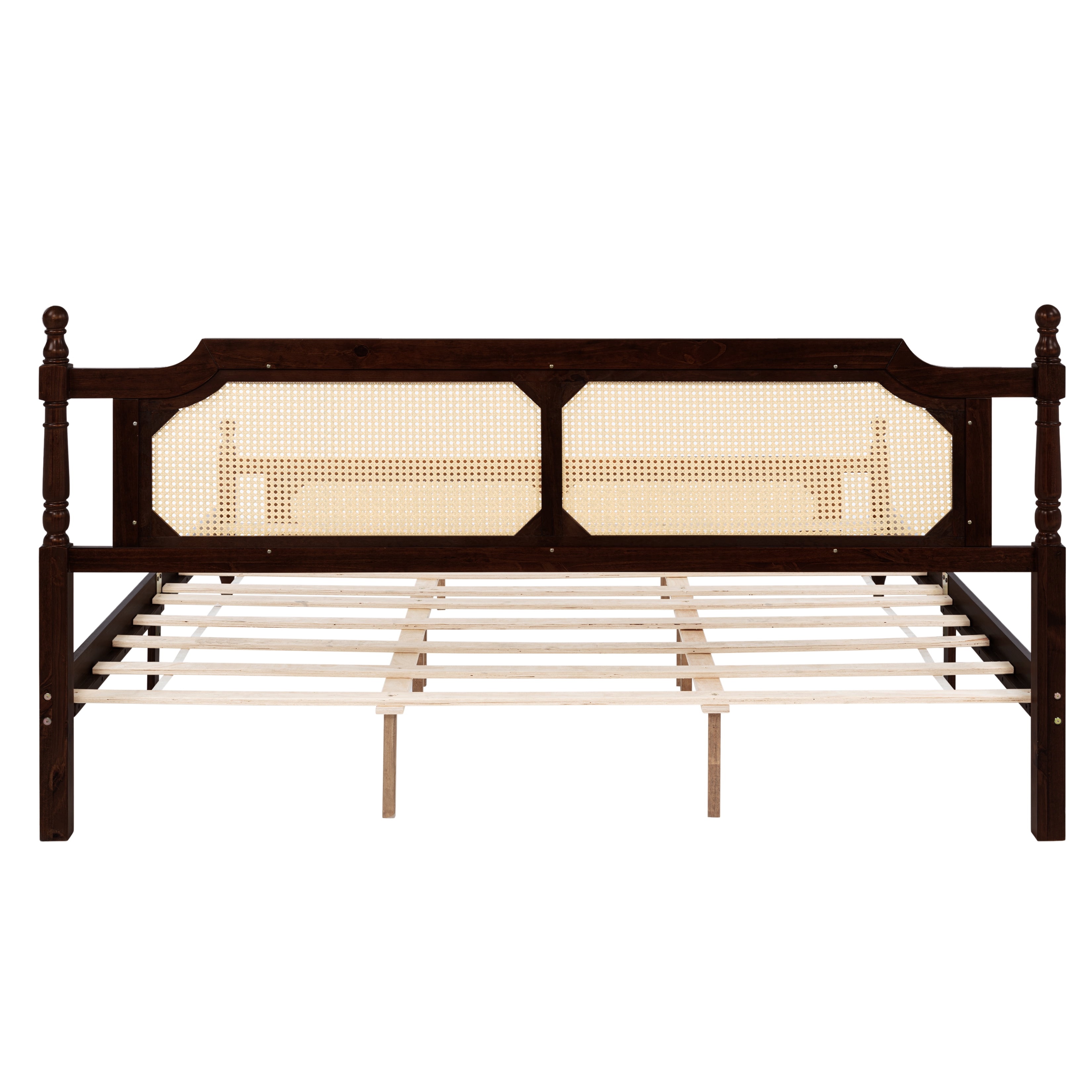 Sailvan King Pine wooden Bed with Rattan Headboard and Footboard, Central Enhanced Bed Platform