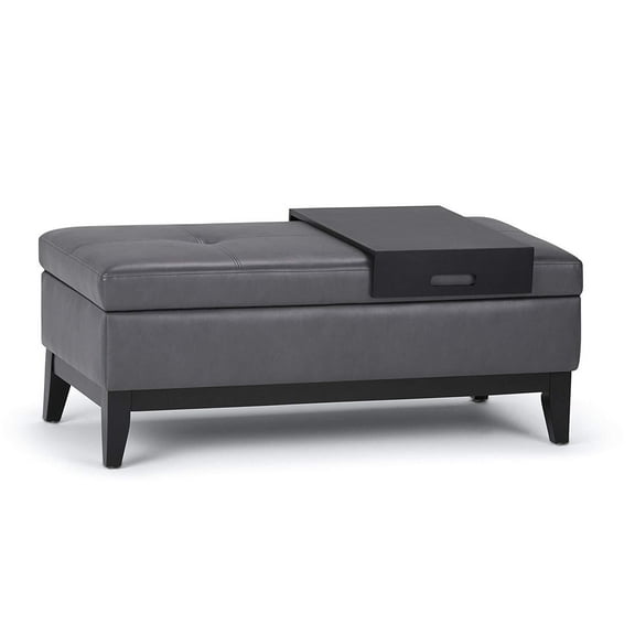 Oregon 42 inch Wide Storage Ottoman Bench with Tray in Stone Grey Vegan Leather