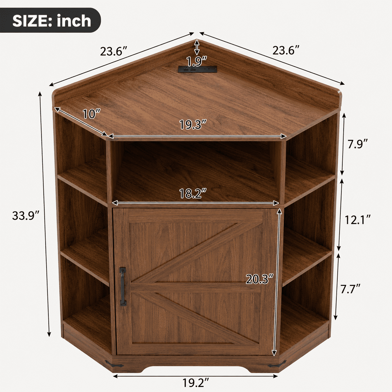 Aukfa Corner Cabinet with Charging Station,3-Tier Storage Shelf with 6 Cubbies, Walnut