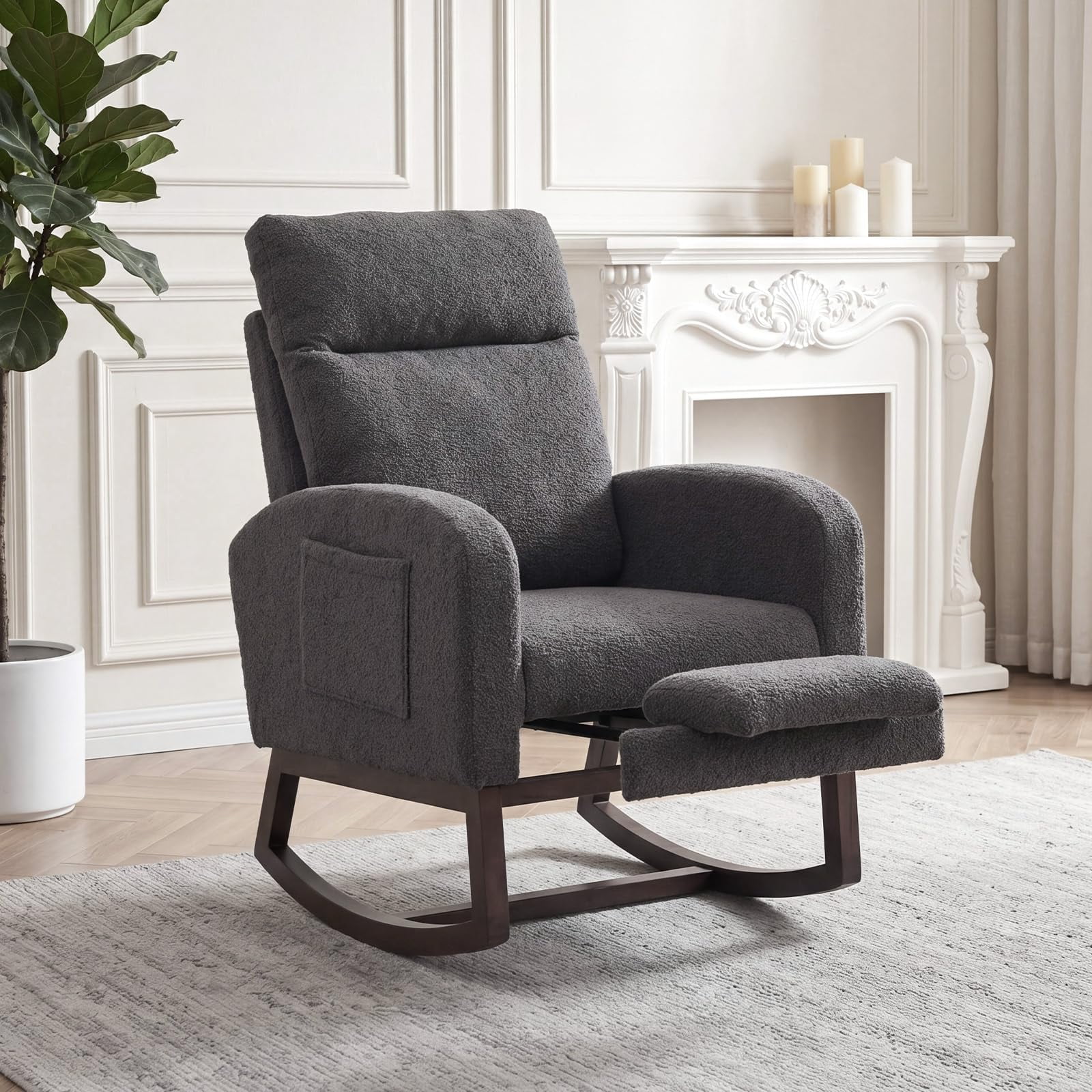 Nursery Rocking Chair,300lb Glider Chair with Solid Wood Legs/Two Side Pockets,Teddy/Corduroy Upholstered Glider Rocker with Footrest High Backrest for Living Room/Bedroom/Nursery