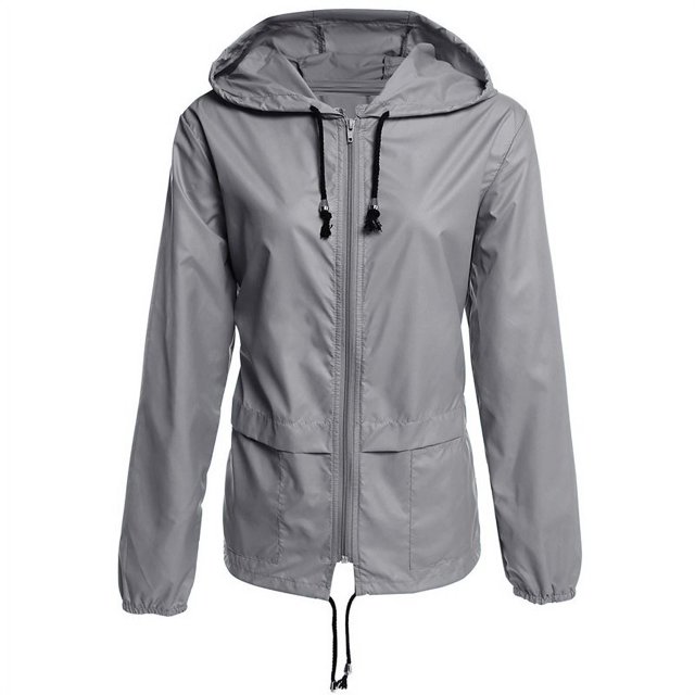 Chaqueta impermeable de sección delgada para mujer, con capucha y cordón para exteriores, para senderismo y lluvia