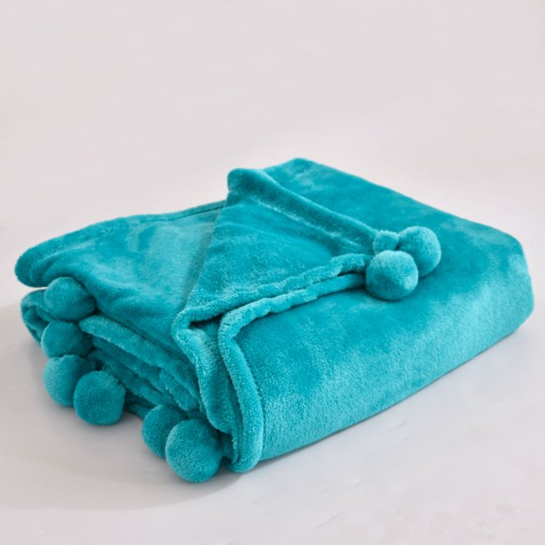 Mainstays Oversized Plush Throw with Poms, Teal Sachet, 50"x70