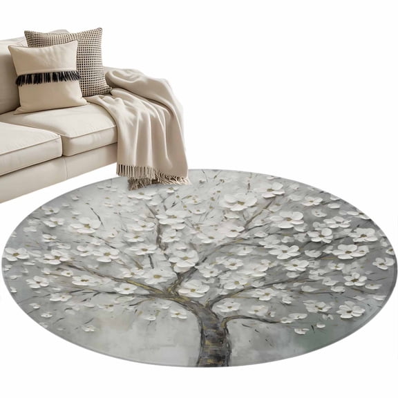 Grey Flowers Round Area Rug 3 FT, Small Kitchen Bathroom Mat, Spring Floral Modern Oil Painting Art Washable Indoor Outdoor Throw Runner Carpet Non-Shedding Doormat for Table Shower Sofa Entryway