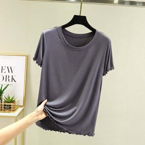 Fiudx Ofertas Del Día Camiseta Holgada de Manga Corta de Color Sólido con Cuello Redondo para Mujer Top/Camisa de Cuello Redondo de Manga Corta