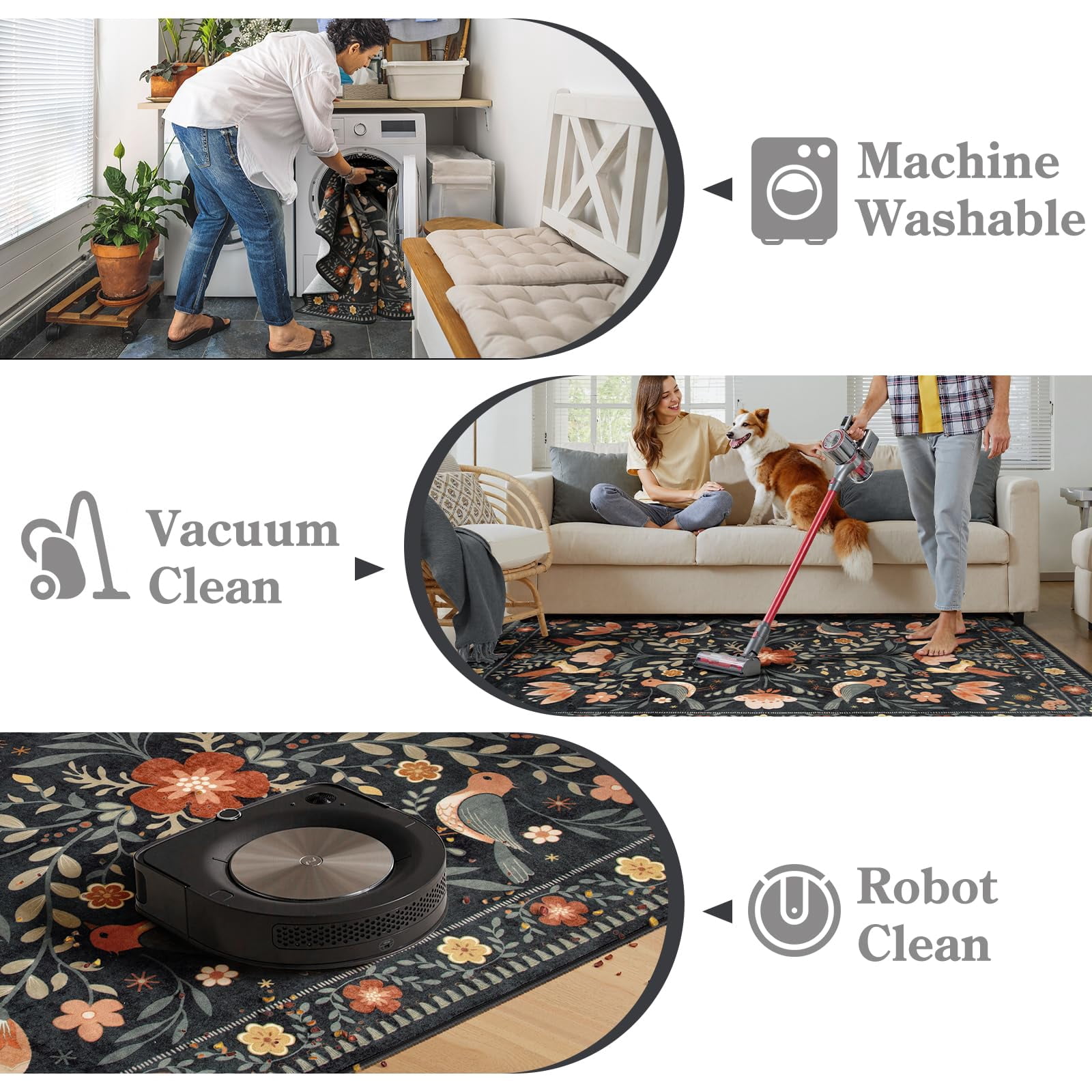 Lahome Decor 3'x5' Boho Bird Area Rugs,Floral Rug for Living Room Machine Washable,Soft Indoor Carpet,Non-Slip Low Pile for Bedroom Entrance Kitchen Office,Black