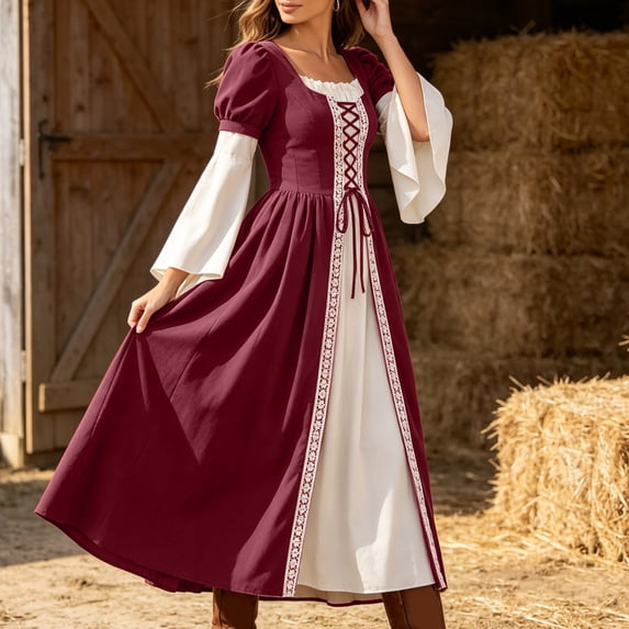 Kinrui Off Shoulder Medieval Renaissance Dress Women Lace Up Corset Fairy Cosplay Party Dresses Wine XL