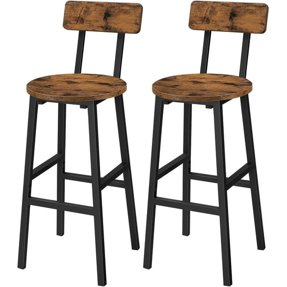 Bar Stools, Set of 2 Round Bar Chairs with Backrest and Footrest, 24.4" Bar Stools, Counter Stools with Adjustable Feet, for Kitchen, Living Room, Pub, Rustic Brown BAHR02101N1