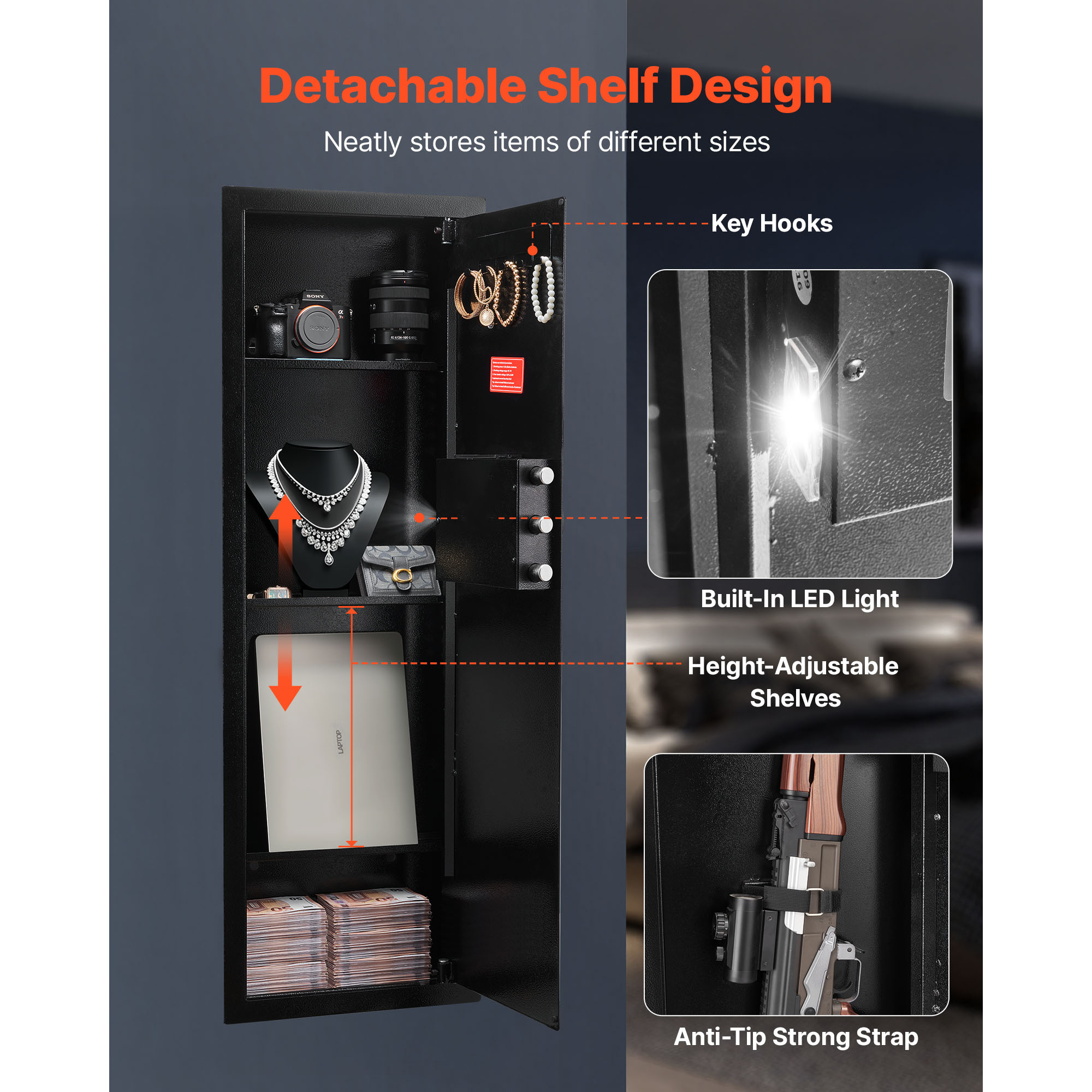 KFFKFF Wall-Mounted Safe with Password & Key, 4-Tier Hidden Design, Q235 Cold-Rolled Steel Construction, LED Lighting, Adjustable Shelves & Key Holders for Valuables, Black